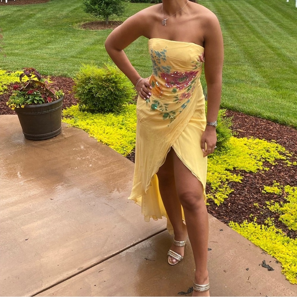 💛Yellow Embellished Flower Strapless High Low Sexy Dress Corset Cache Size S